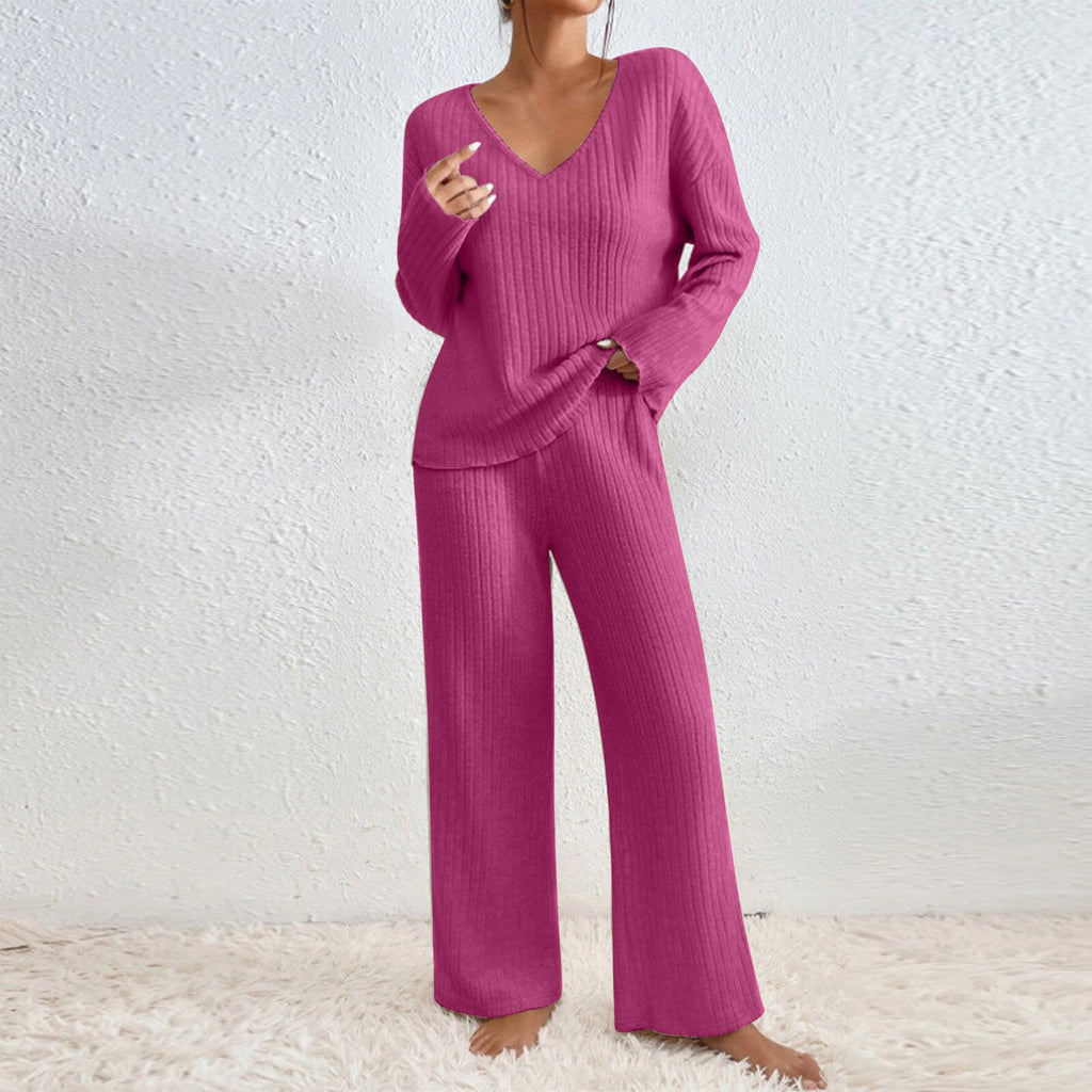 Women V-Neck Loose Ribbed Knit Long Sleeve Top Suit Set