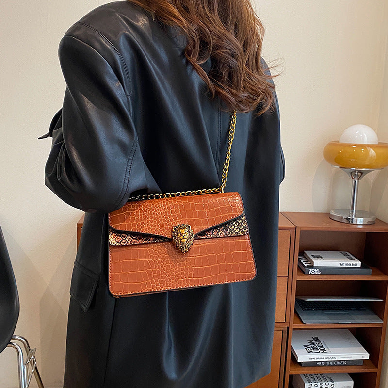 Crocodile-Texture Leather Small Square Bag with Chain Strap