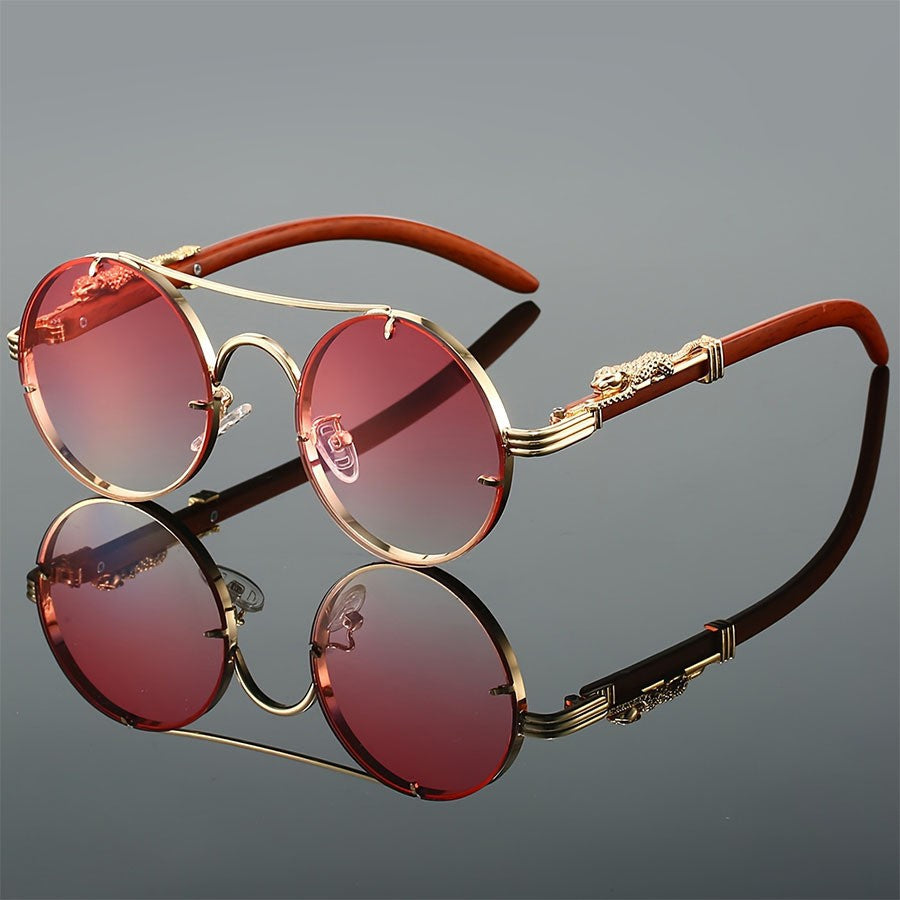 Retro Metal Round Sunglasses with Leopard Head Design