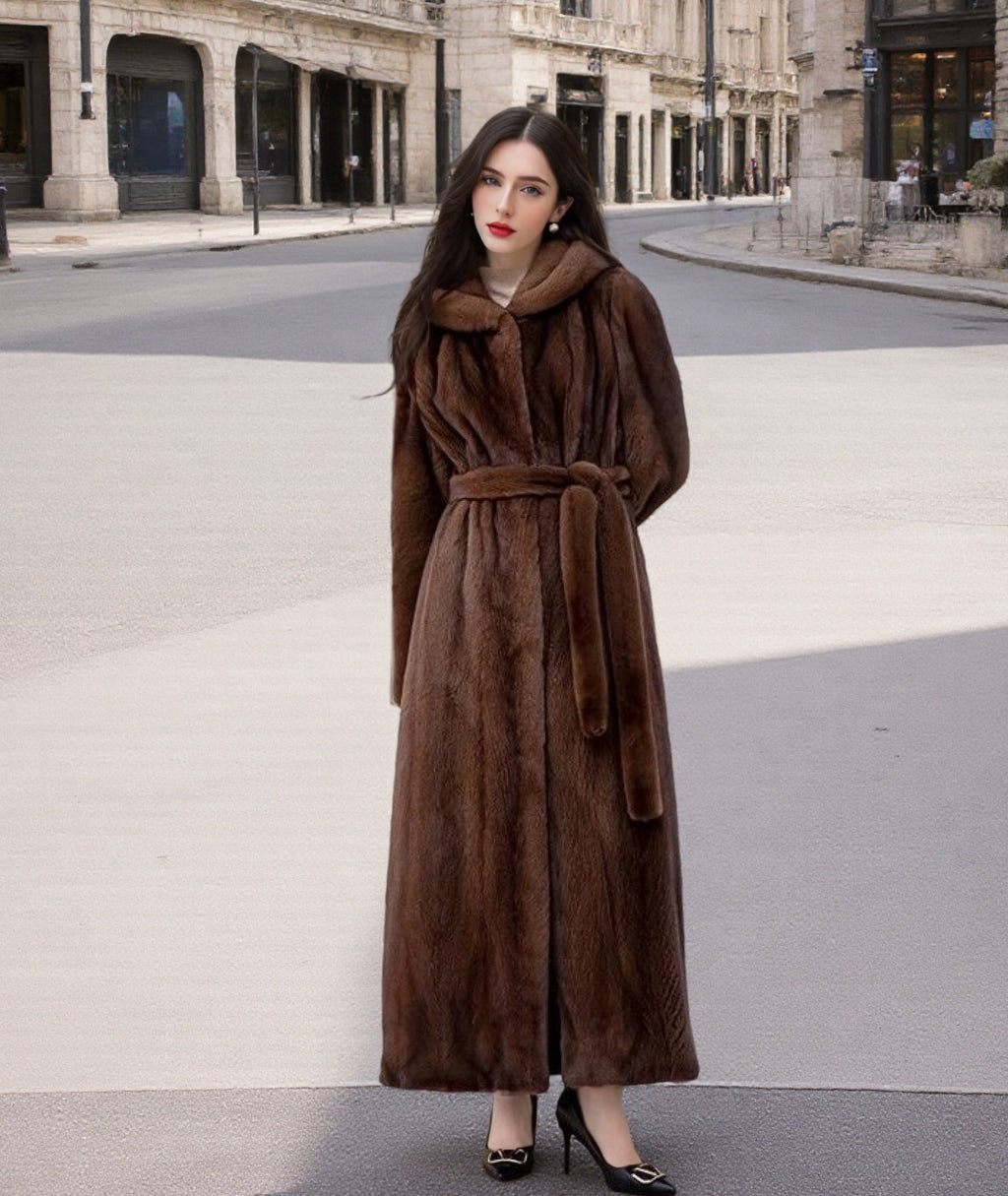 Extra-Long Faux Fur Hooded Coat with Belt for Women