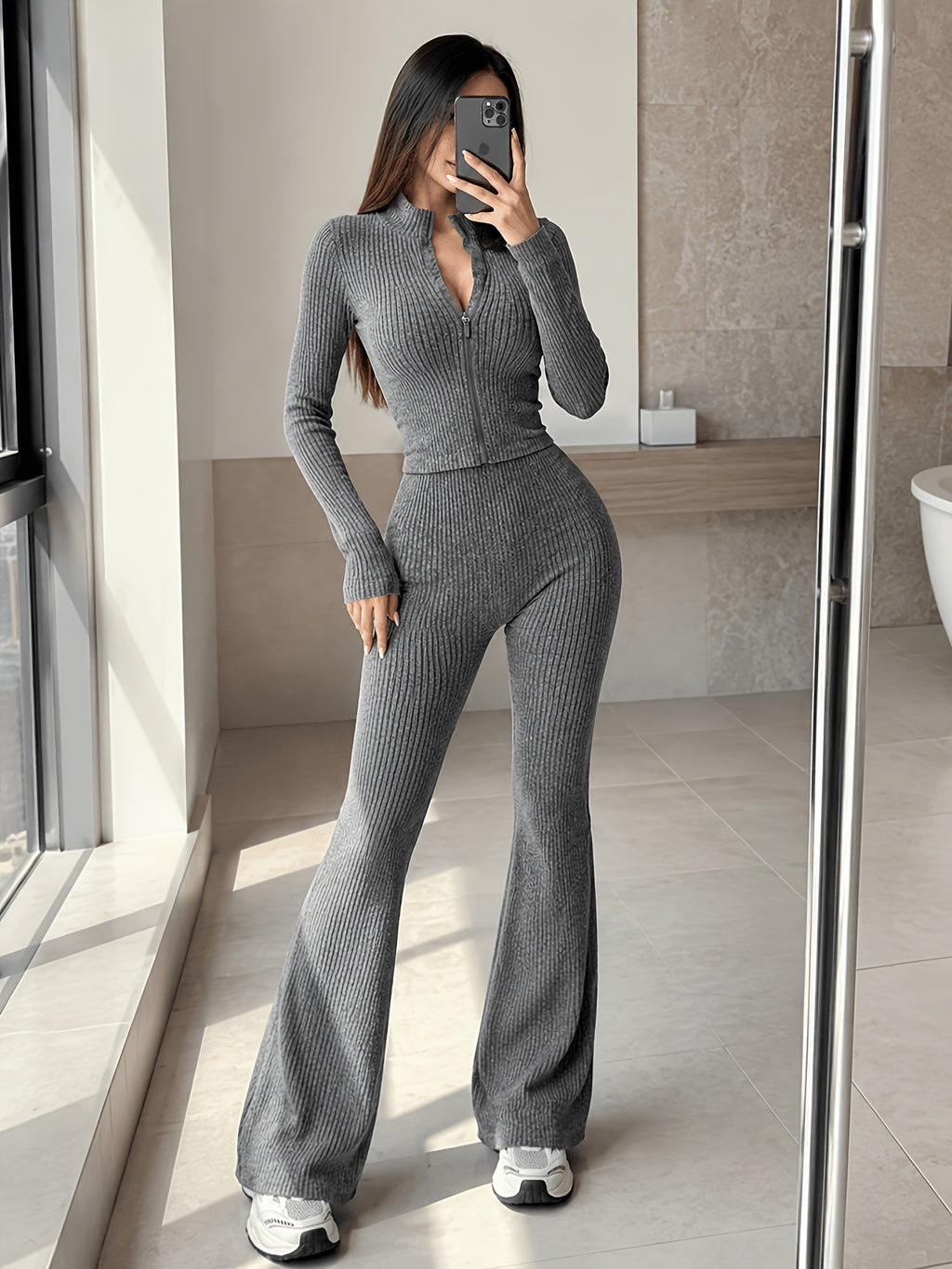 Women's Two-Piece Knit Set Short Cardigan and Flared Pants
