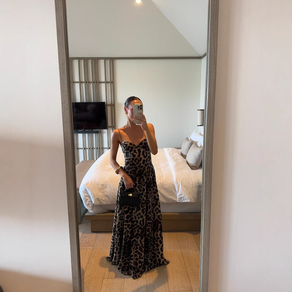 Womens Leopard Print Strap Long Dress
