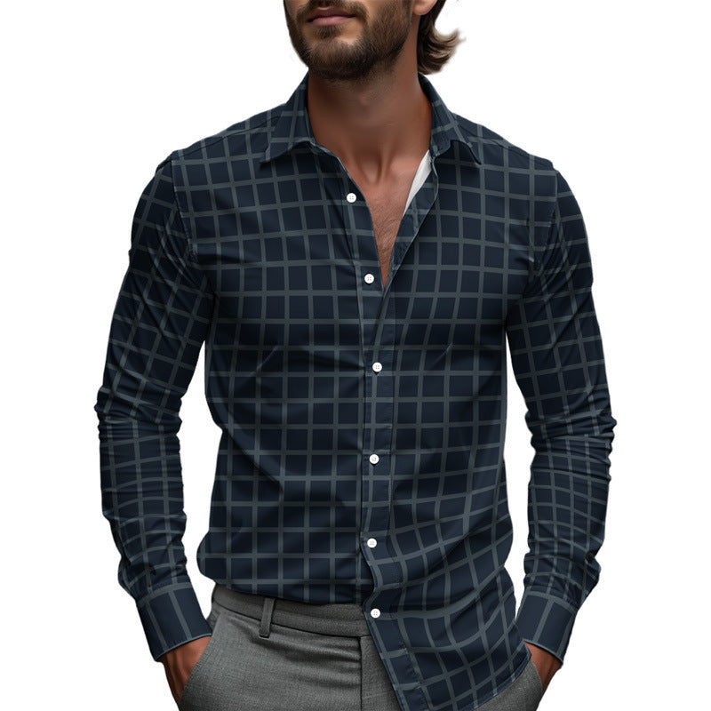Men Printed Long Sleeve Casual Shirt Lapel Collar