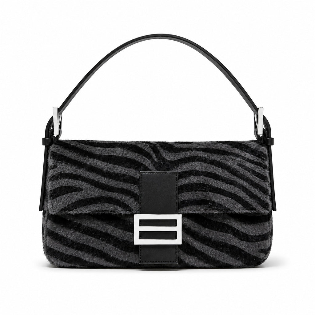 Retro zebra-patterned faux horsehair shoulder bag