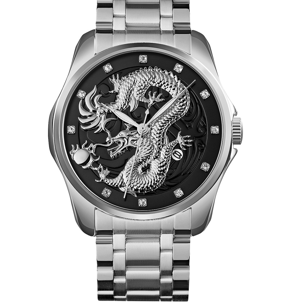 Mens Dragon Embossed Quartz Calendar Watch