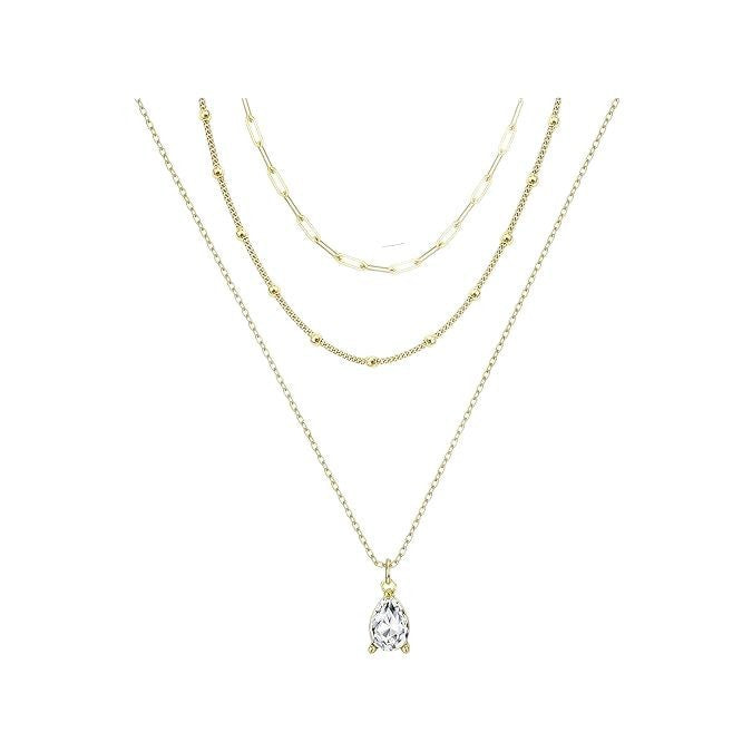 Minimalist Three-Layer Imitation Pearl Teardrop Crystal Pendant Necklace Stainless Steel Clavicle Chain for Women