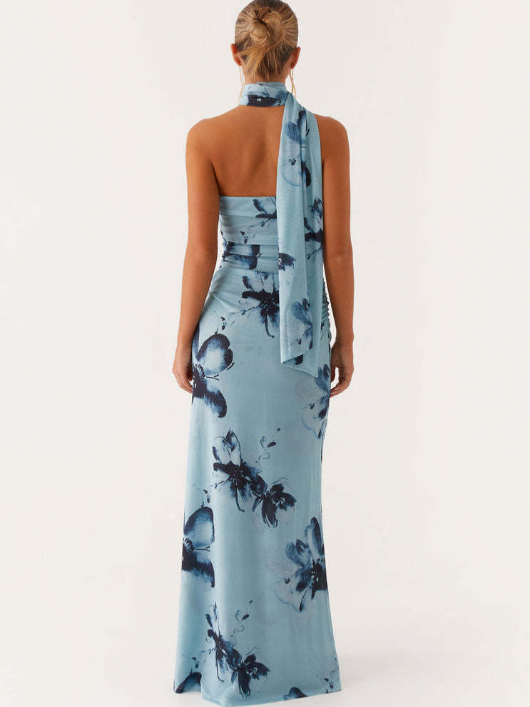 Neck-Wrap Ribbon Dress with Side Pleats