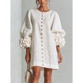 Womens Floral Applique Lantern Sleeve A-Line Dress