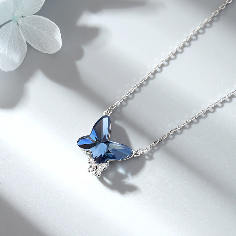 Butterfly Crystal Silver Necklace with Diamond Pendant