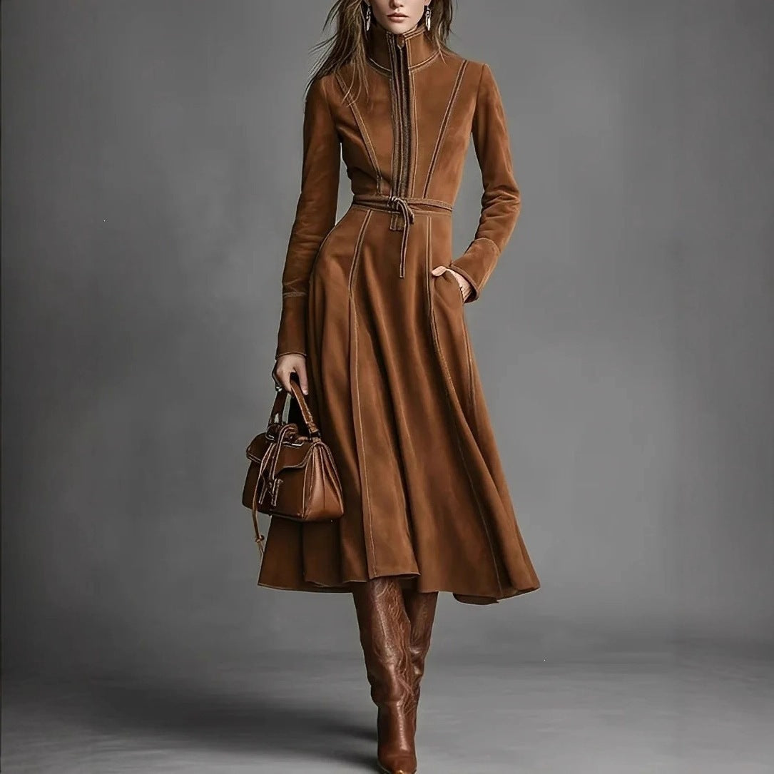 Women's Retro Suede Stand Collar Zipper A-Line Long Dress