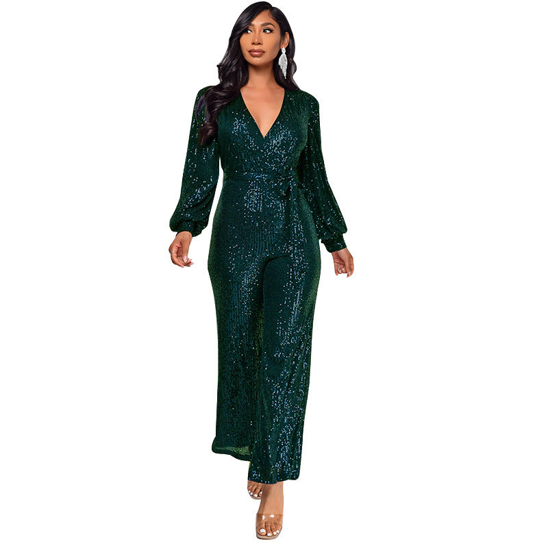 Women's Long Sleeve Deep V Neck Jumpsuit with Sequined Belt
