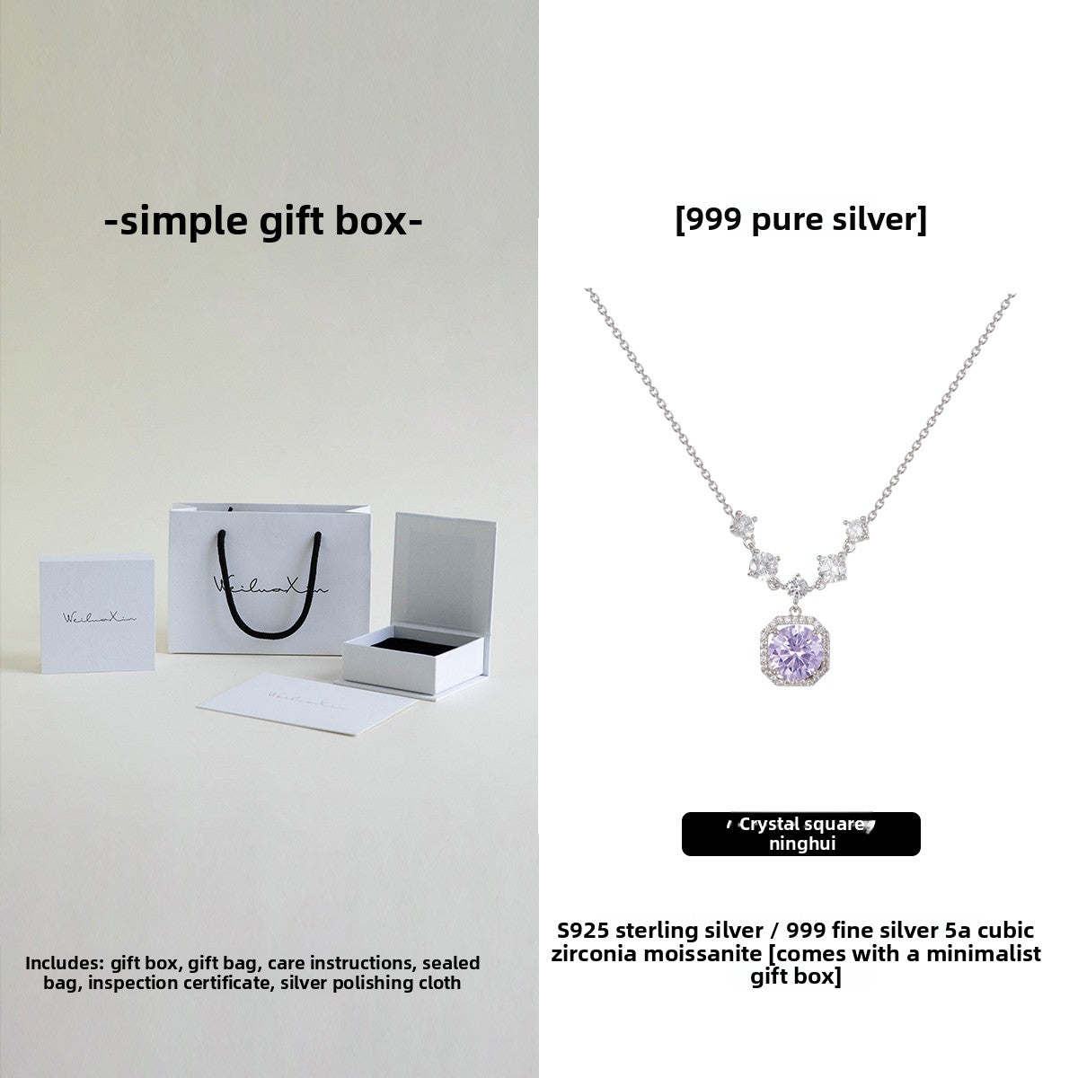 Pure Silver Moissanite Necklace with Gift Box