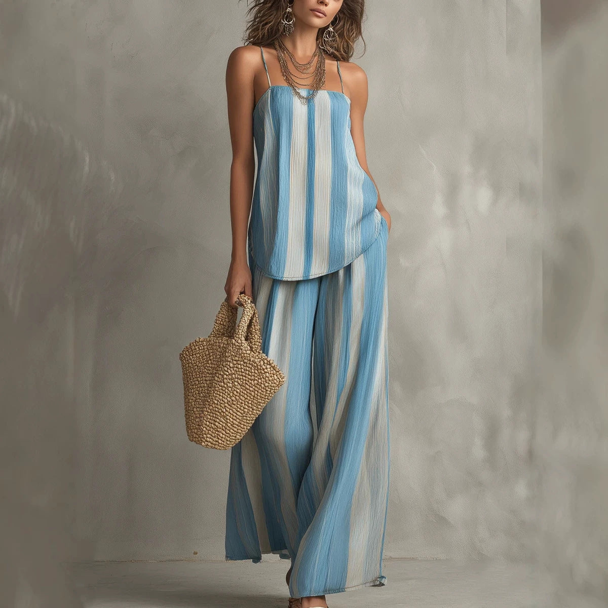 Striped Camisole and Wide-Leg Pants Set