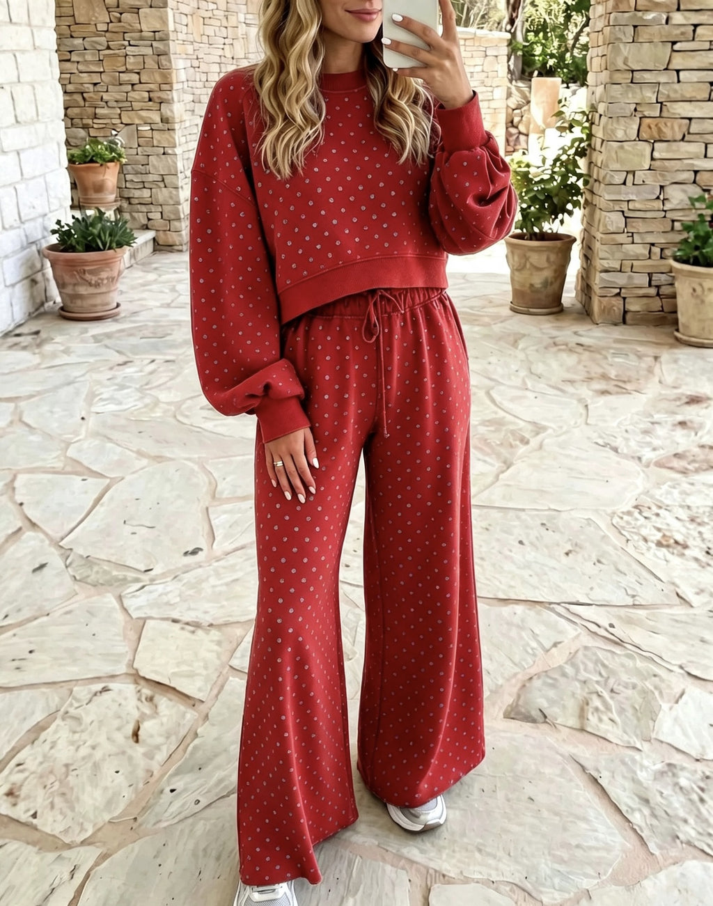 High-waisted stretchy relaxed and lazy polka dot printed wide-leg pants set