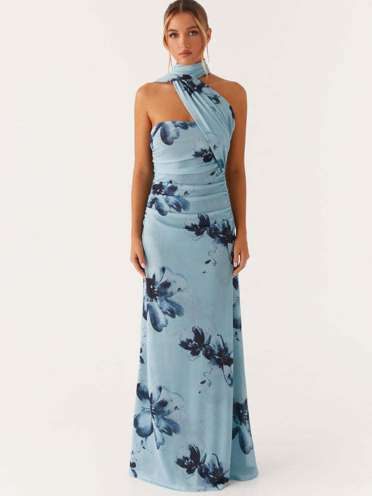 Neck-Wrap Ribbon Dress with Side Pleats