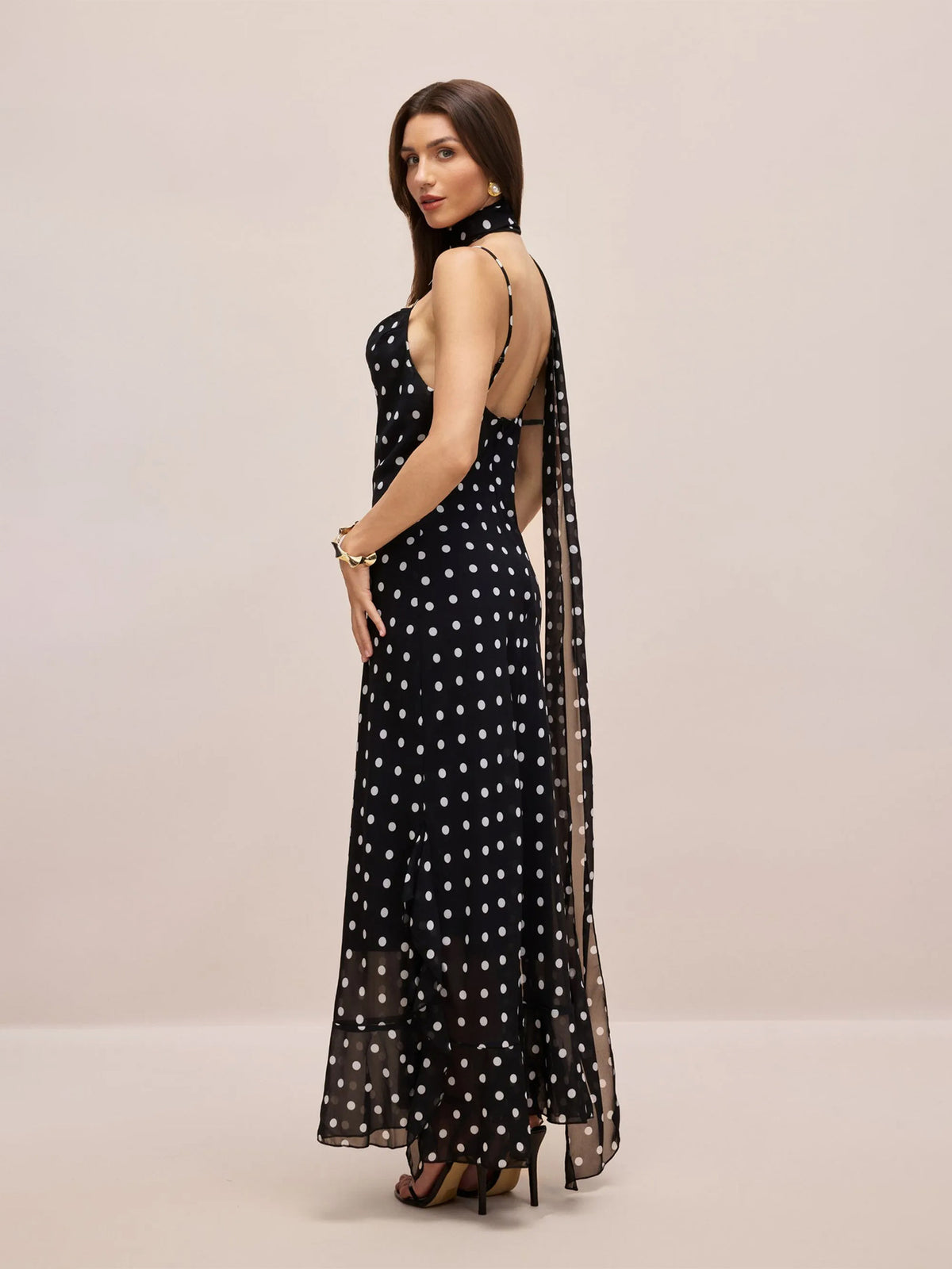 Women's Retro Polka Dot Ribbon Strap Slim Fit Long Dress