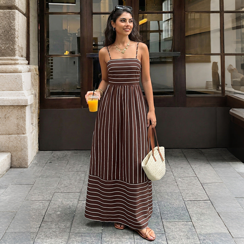 Vintage Striped Maxi Dress with Open Back