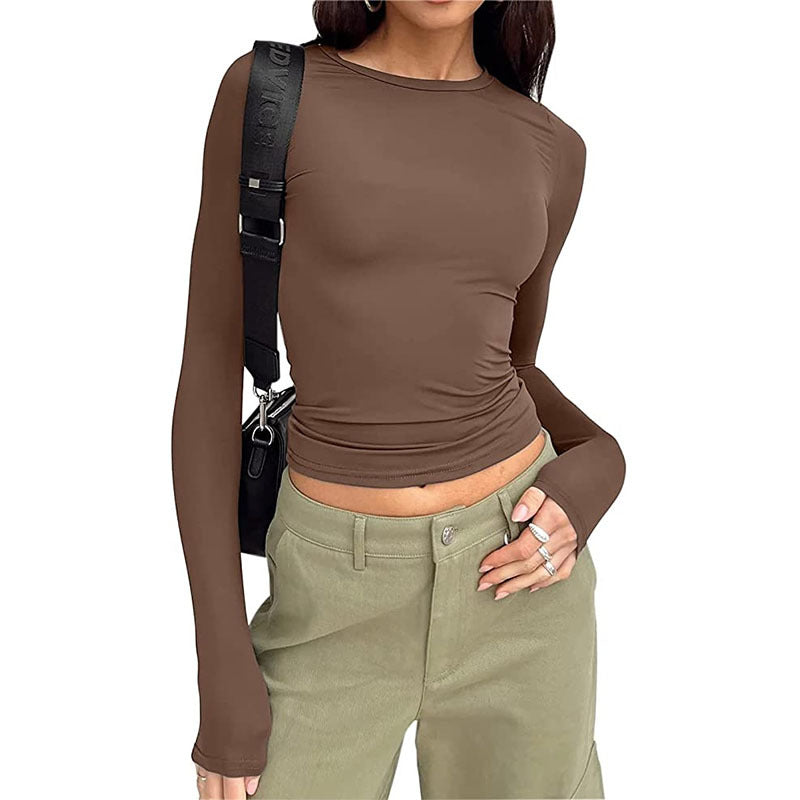 Women Slim Fit Cotton T-Shirt Crew Neck Long Sleeve Solid Color Top
