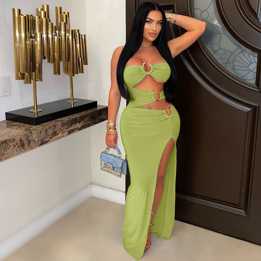 Hollow Metal Ring Bodycon Long Dress