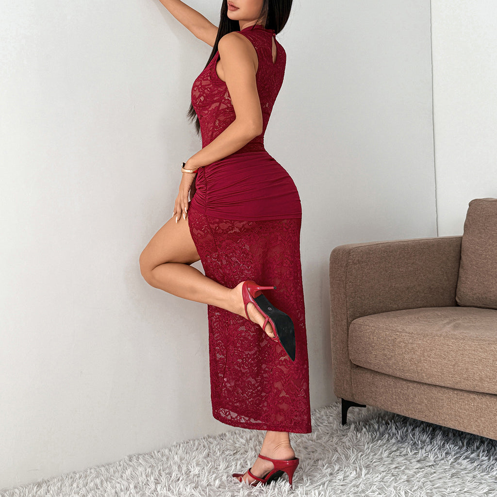 Pure Lust Sexy Lace See-Through High Slit Slim Hip-Hugging Dress