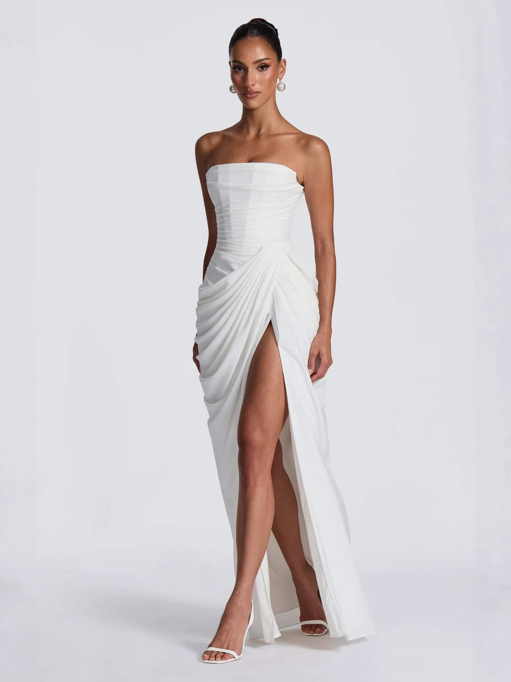 Off-shoulder ruffled slit dress