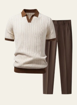 Men Casual Loose Beach Short Sleeve Shirt and Pants Two-Piece Set