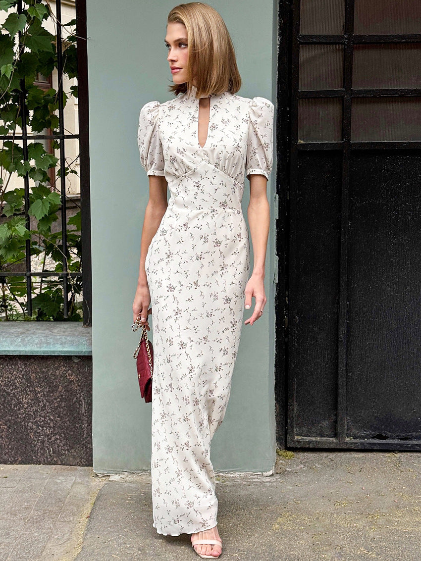 Women's Floral Print Deep V-Neck High-Waist Long Dress