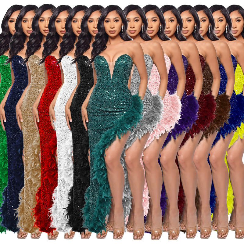 Sequin Feather Backless Long Dress