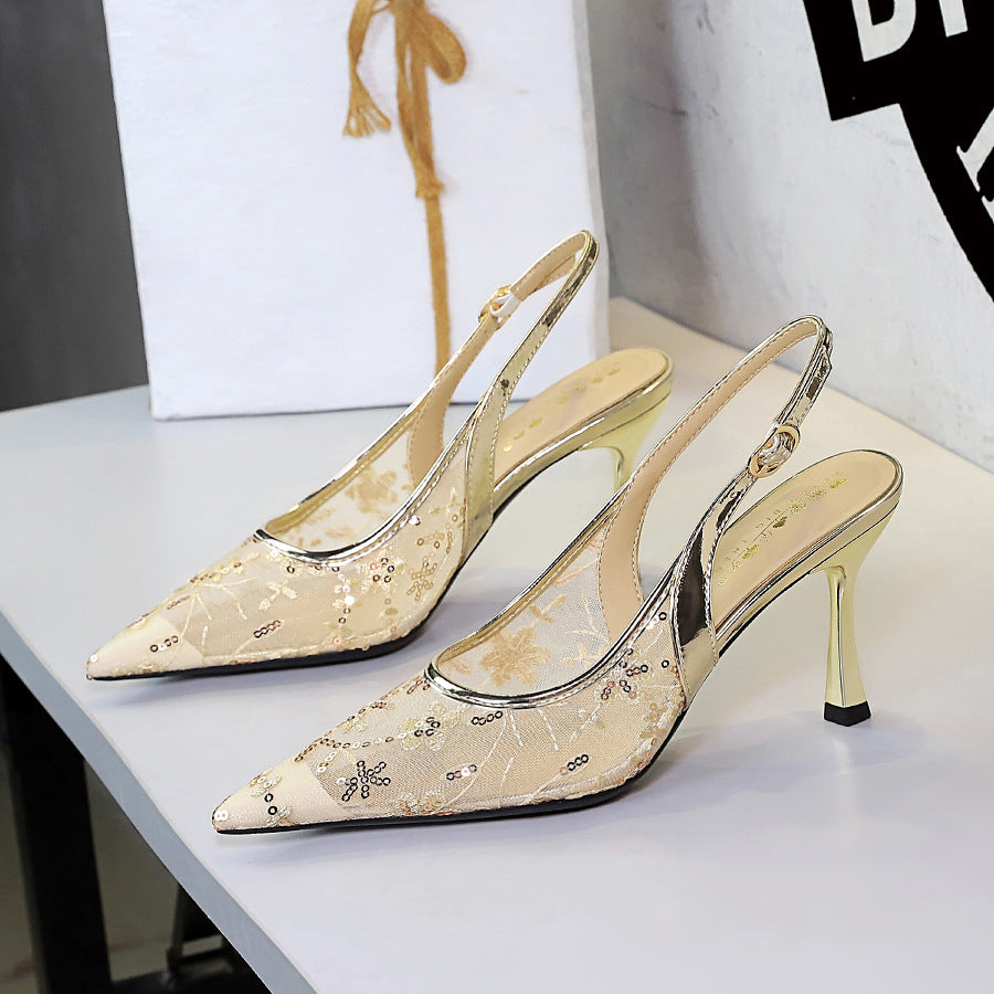 Sequin Embellished Lace Stiletto Sandals