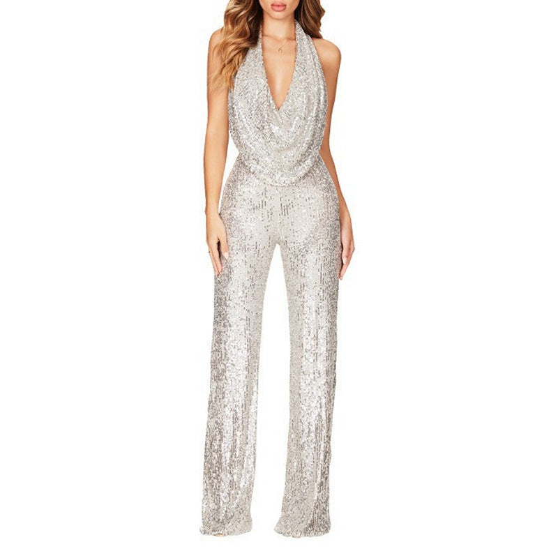 Women's Sparkly Sequin Halter Neck Jumpsuit Slim Fit Long Pants One Piece Evening Dress