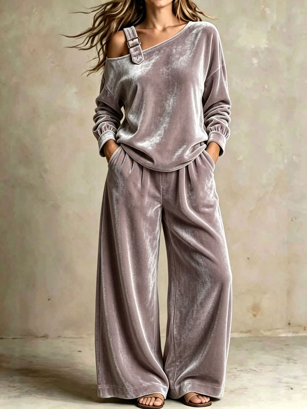 Women's Velvet One-Shoulder Long Sleeve Two-Piece Casual Pantsuit Set