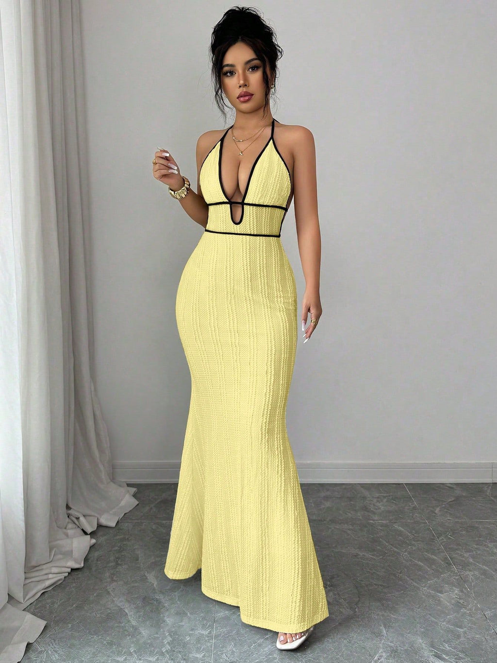 Deep V open-back fitted halter dress