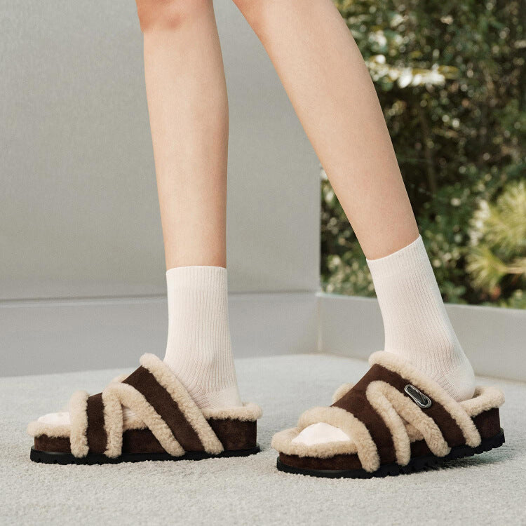 Genuine Leather Fleece-Lined Open-Toe Slippers