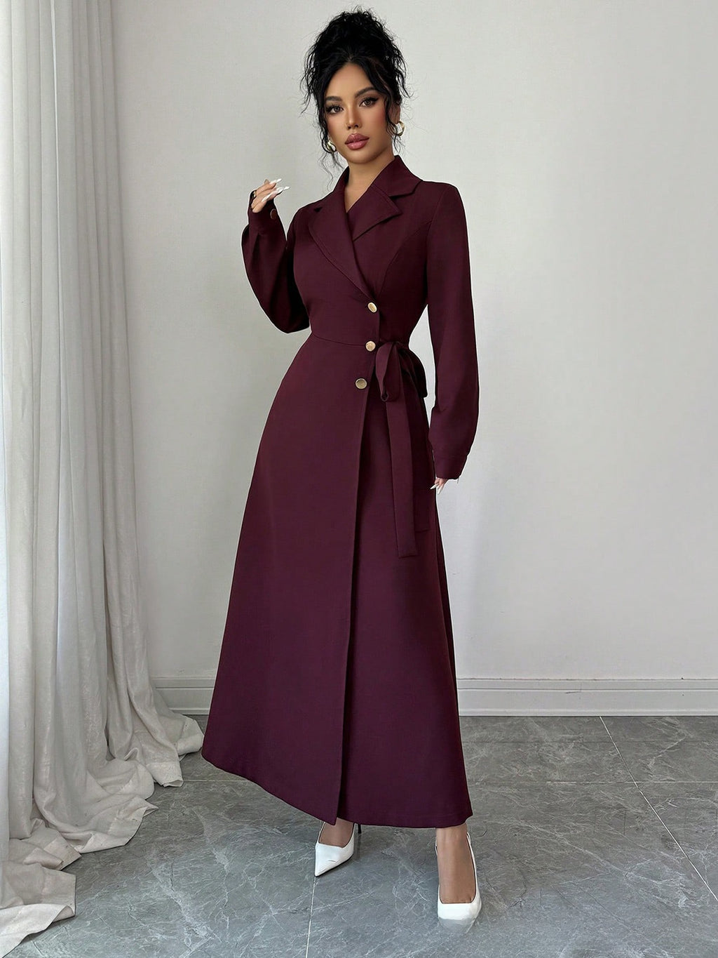 Womens Suit Collar Long Sleeve Waist Tie Dress