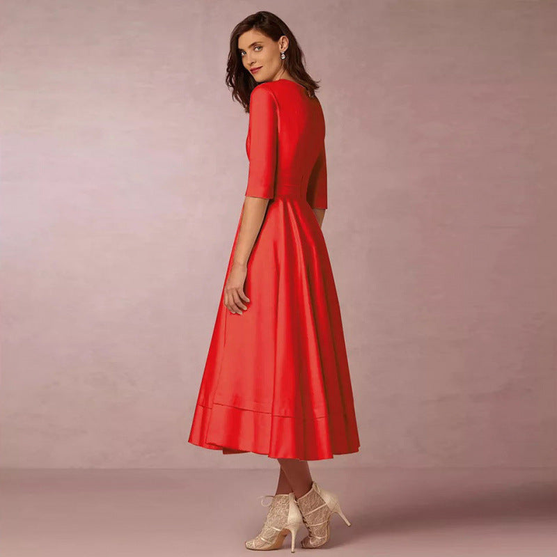 Womens Sexy Deep V Mid Sleeve Solid Color Splicing Swing Dress