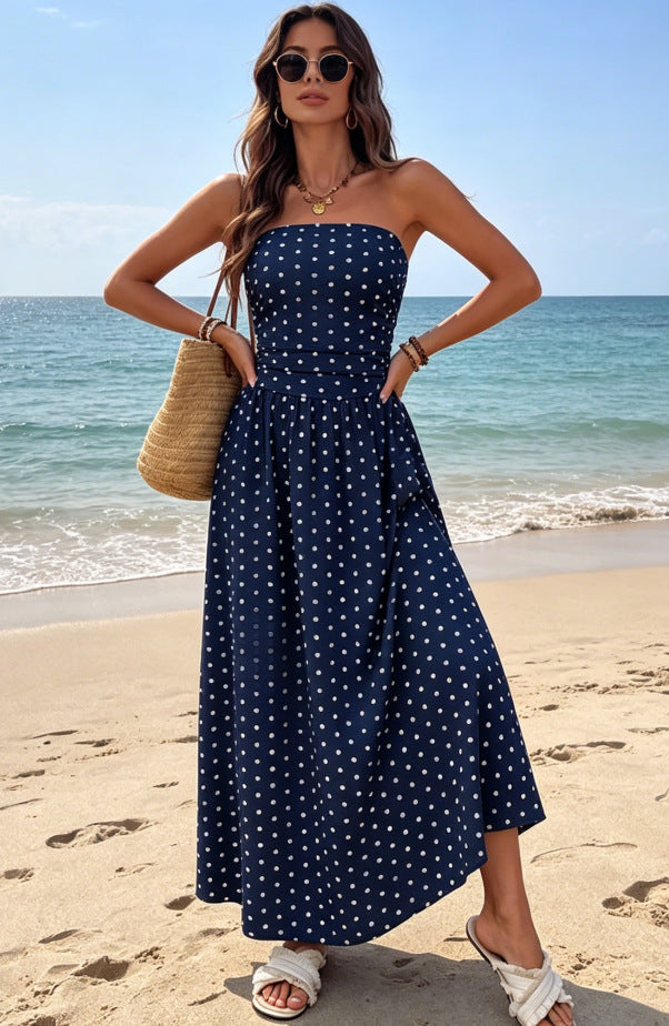 Polka Dot High Neck Sleeveless Long Dress