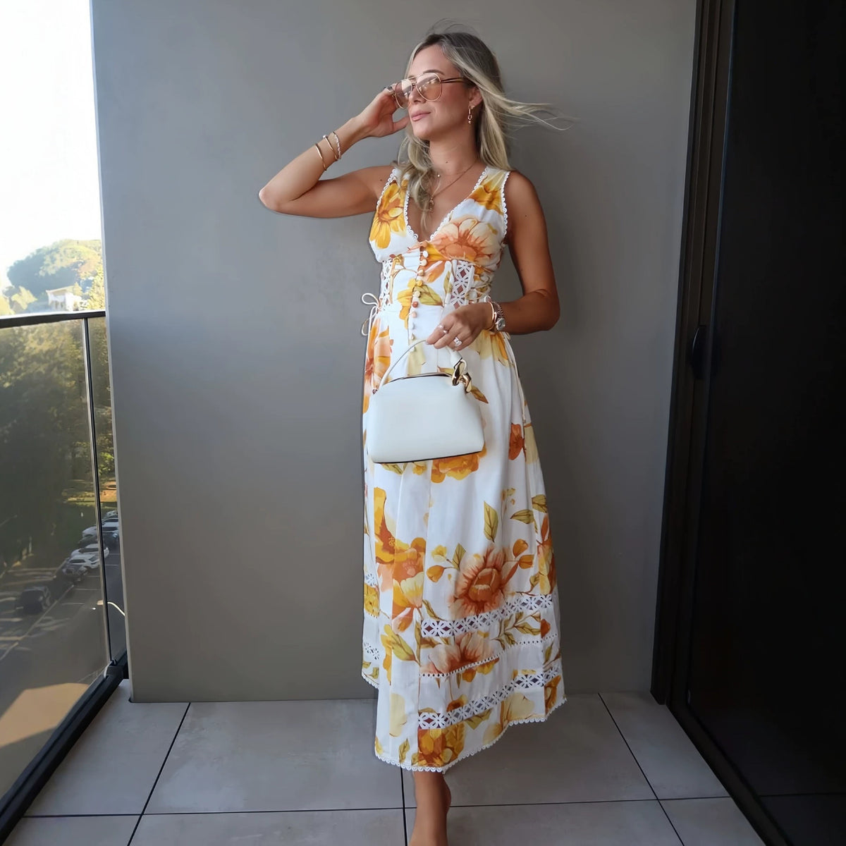 Taop&Za Resort-Style V-Neck Waist-Cinching Slimming Lace Hollow-Out Tie-Waist Floral Long Dress