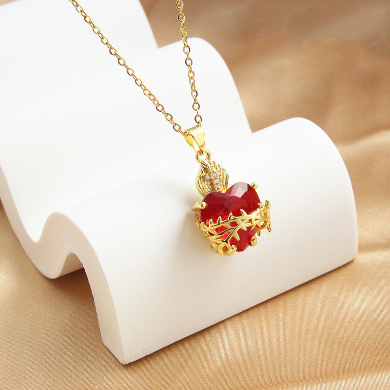 Vintage Sacred Heart Red Zircon Necklace