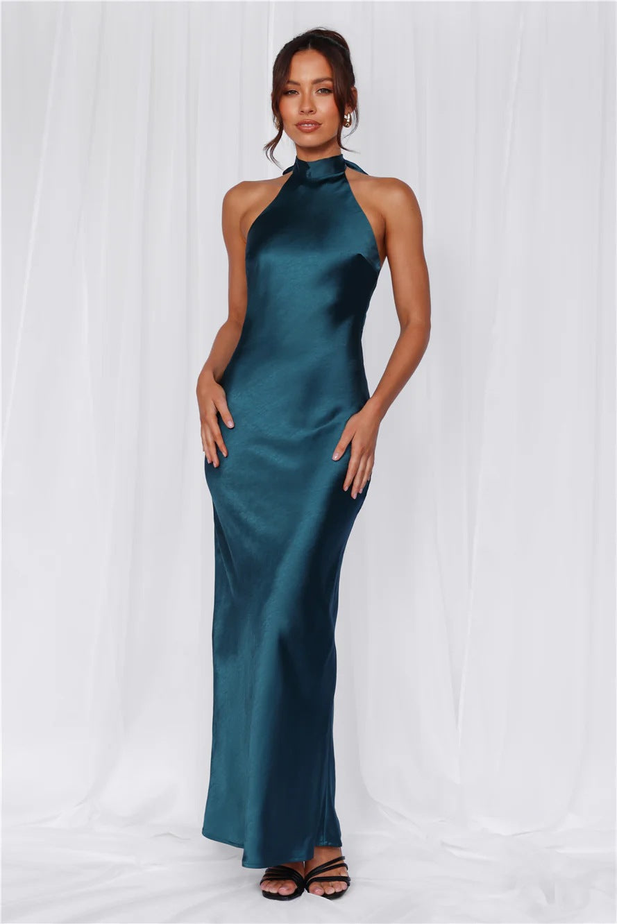 Women Satin Halter Neck Tie Slim Fit Long Dress