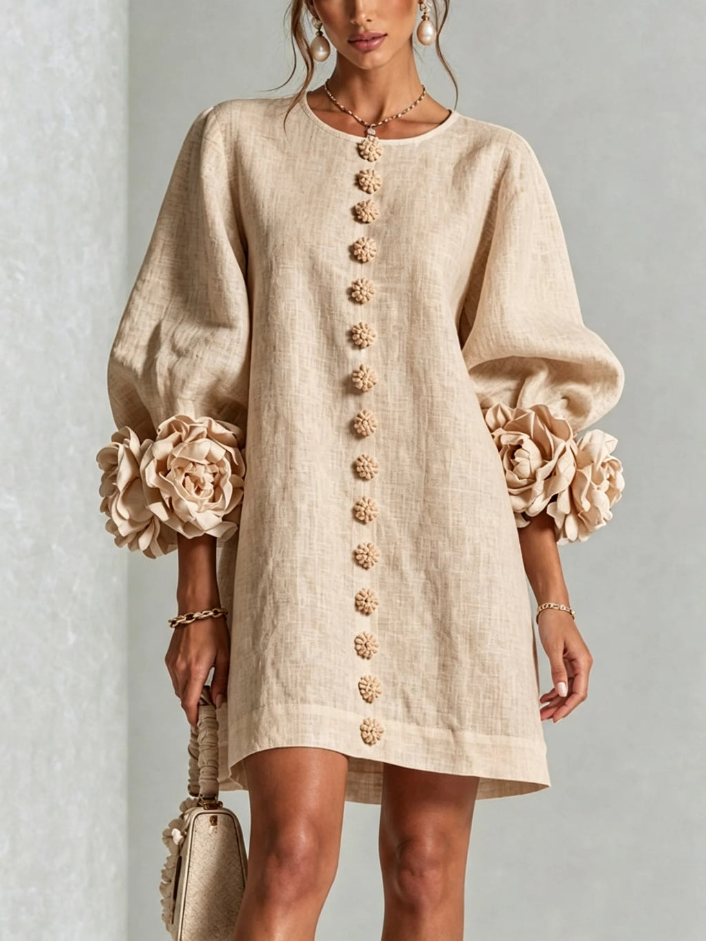 French Floral Cotton Linen A-Line Dress