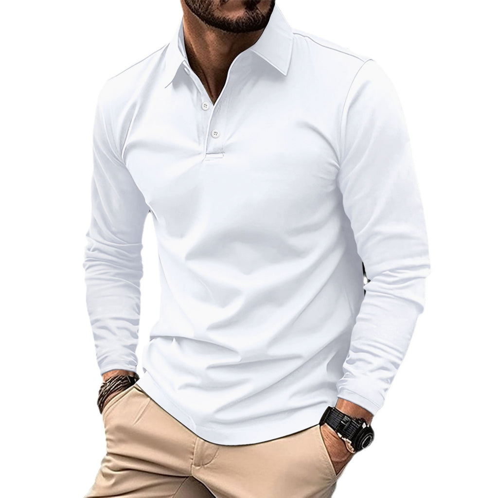Mens Long Sleeve Solid Color Polo Shirt Casual Cotton Blend Button Down