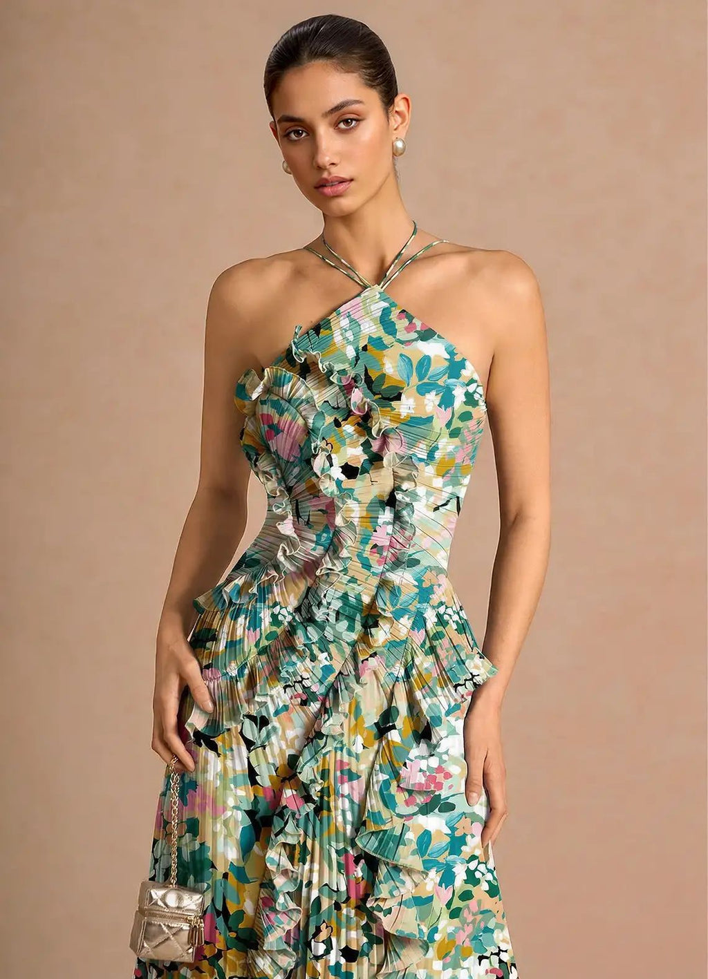 Women's Pleated Chiffon Midi Dress Floral Print Evening Gown