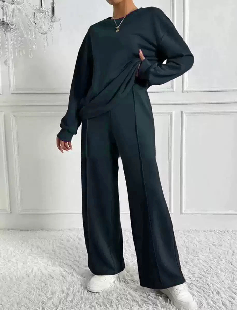 Women's Solid Color Round Neck Long Sleeve Pants Suit Casual Two-Piece Set