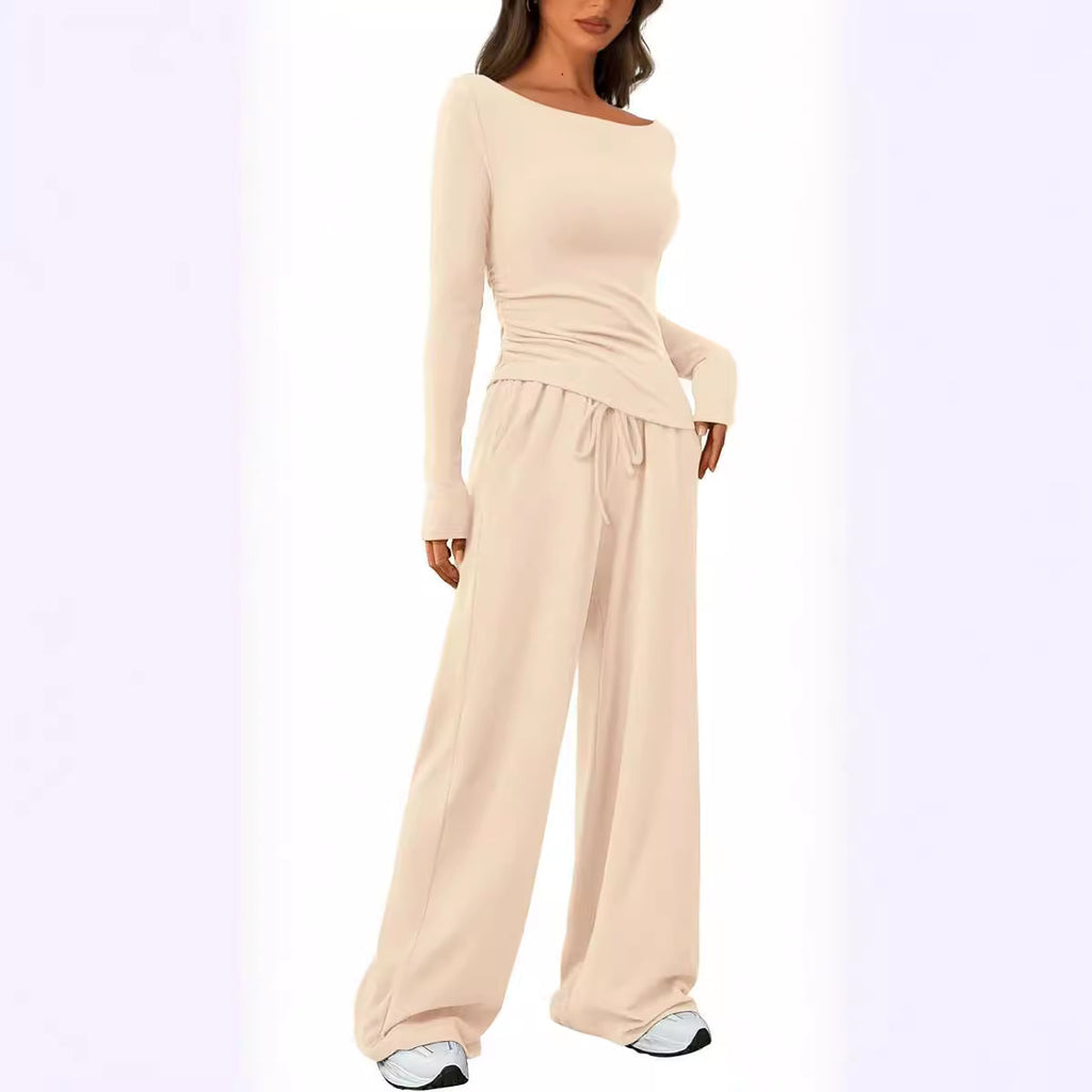 Women Asymmetric Long Sleeve T-Shirt and Wide Leg Pants Set