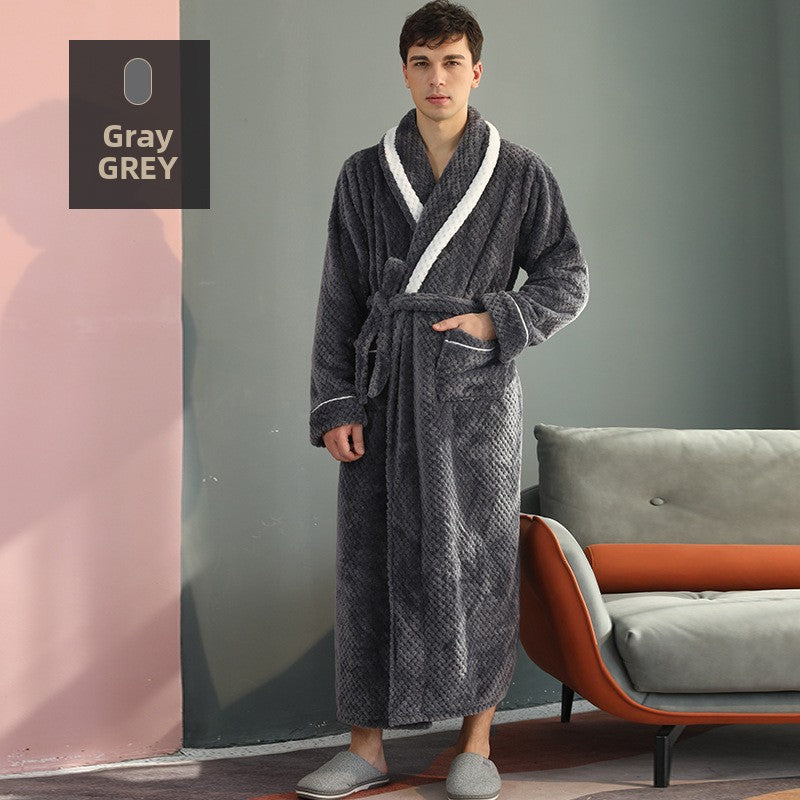 Long Thick Flannel Couple Bathrobe with Lapel Collar