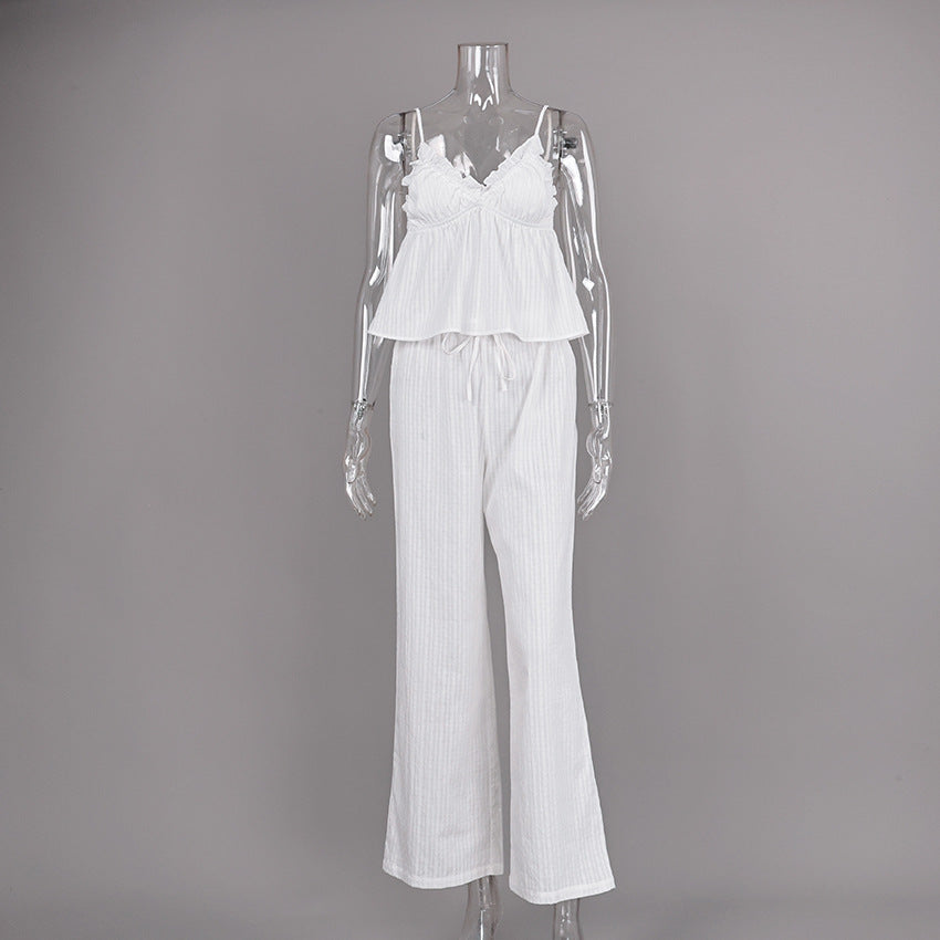 Summer New European and American Style Pure Cotton Pajama Set, Jacquard Camisole and Long Pants Two-Piece Set, Exclusively for Women's Loungewear, Available for Cross-Border Sales
