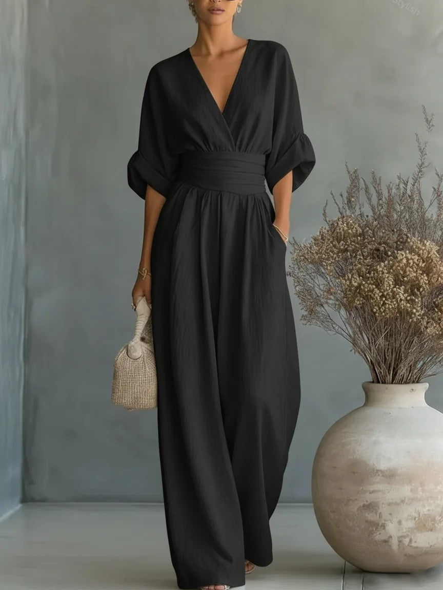 Elegant V Neck Waist Cinching Women Jumpsuit