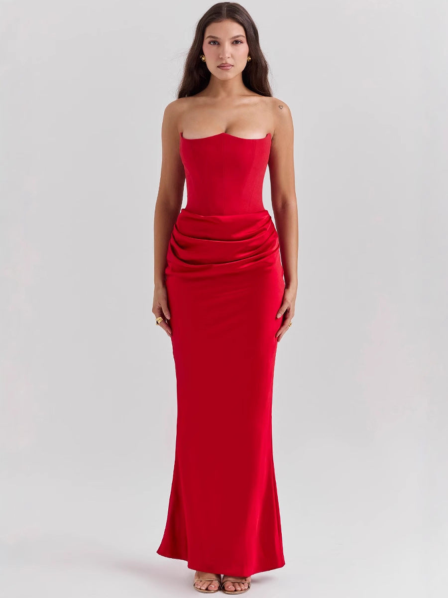Women's Off-Shoulder Corset Pleated Bodycon Satin Maxi Dress
