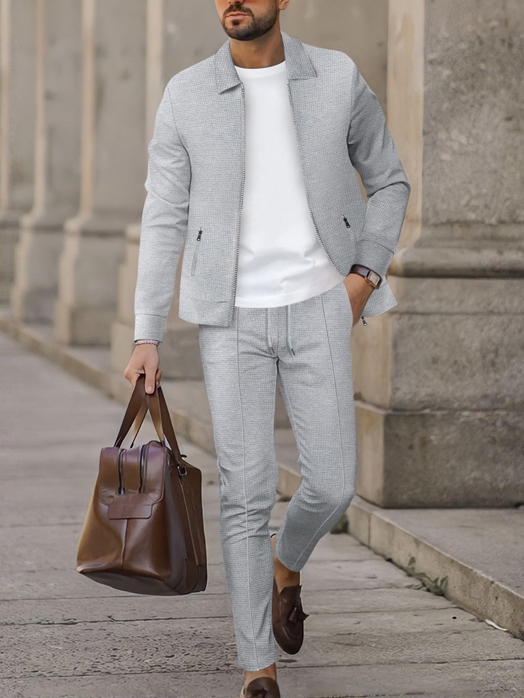 Mens Waffle Knit Zip-Up Track Suit