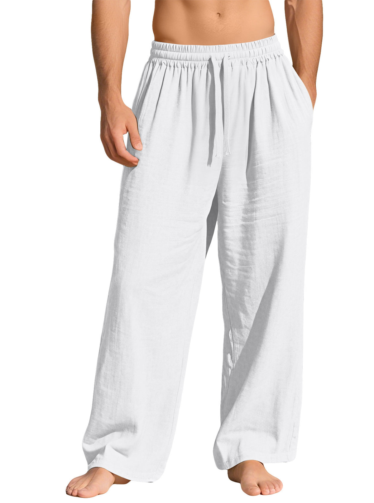 Mens Cotton Linen Loose Fit Drawstring Casual Pants